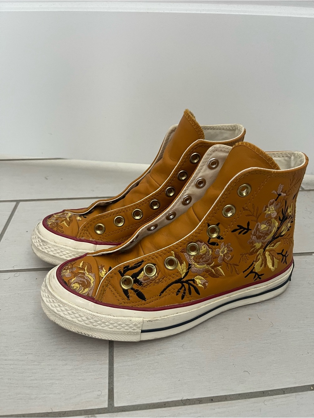 Converse Embroidered Leather Mustard Yellow Floral High-Top Sneakers 5